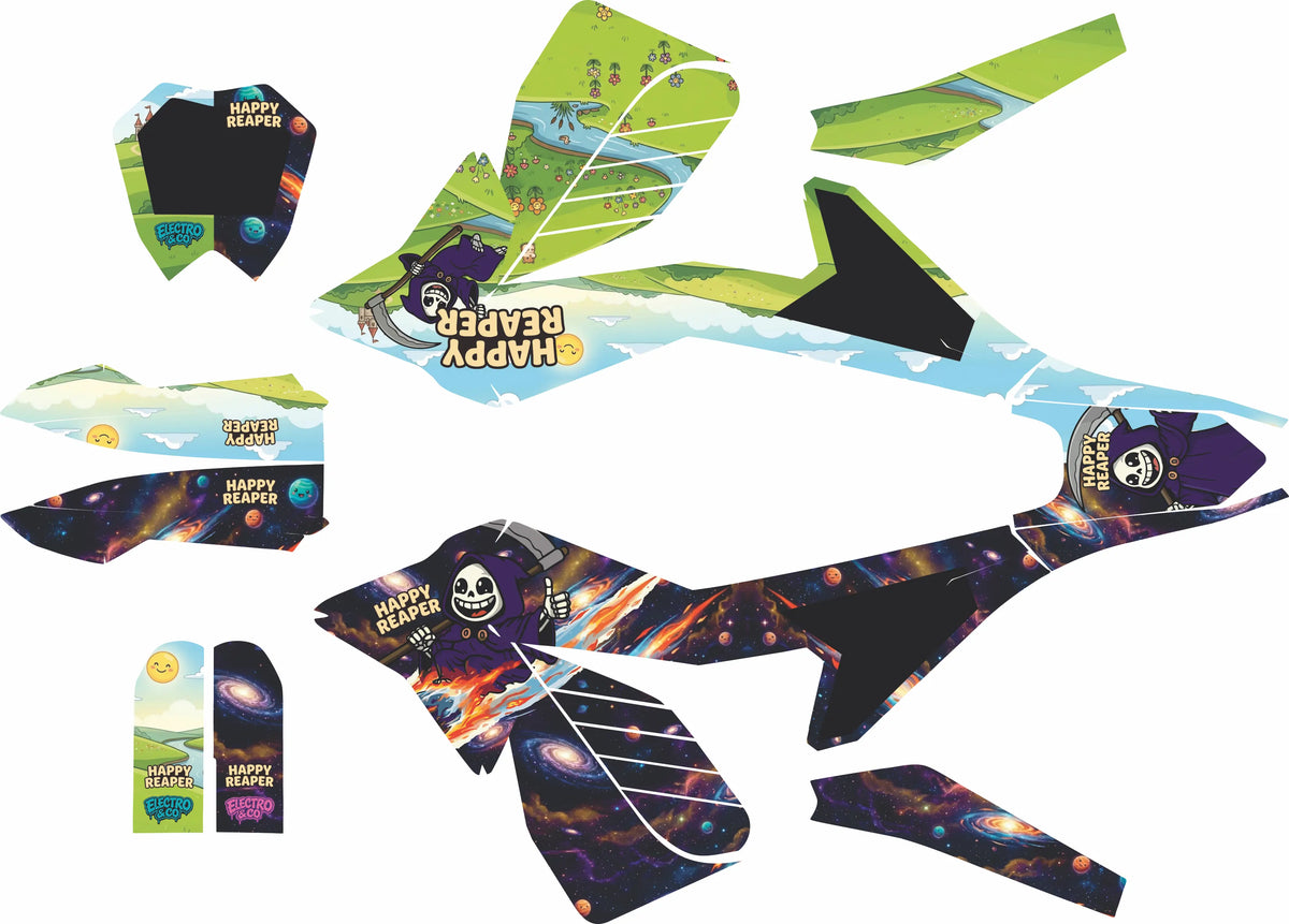 A set of flat decal or skin pieces for the electro and co etm rtr electric dirt bike pit bike motorcycle laid out on a white background, featuring a multicolor cosmic and landscape design with the text 'Happy Reaper' and skull-and-flag graphics.