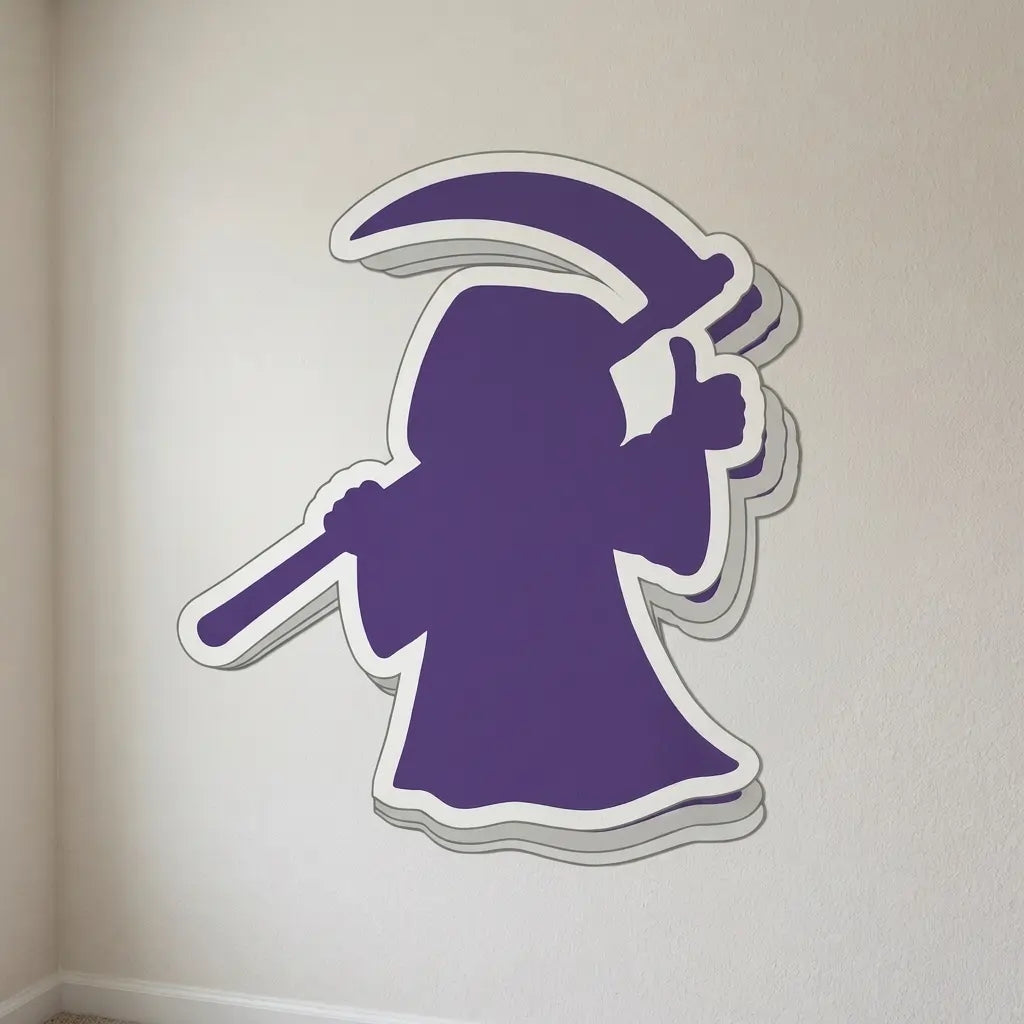 A blank grim reaper silhouette wall vinyl decal with a white outline for custom image upload, shown applied to a beige wall in a room corner