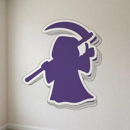 A blank grim reaper silhouette wall vinyl decal with a white outline for custom image upload, shown applied to a beige wall in a room corner