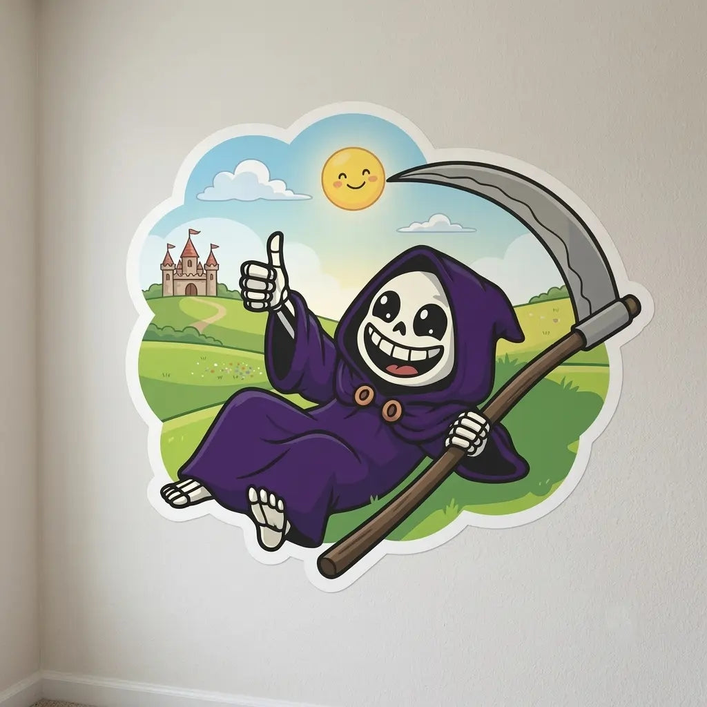 A die-cut vinyl wall decal featuring a cartoon grim reaper in a purple robe holding a scythe, with a thumbs-up, set against a whimsical landscape with a castle, green hills, and a smiling sun. The decal is shown applied to a beige wall as an example of custom image upload