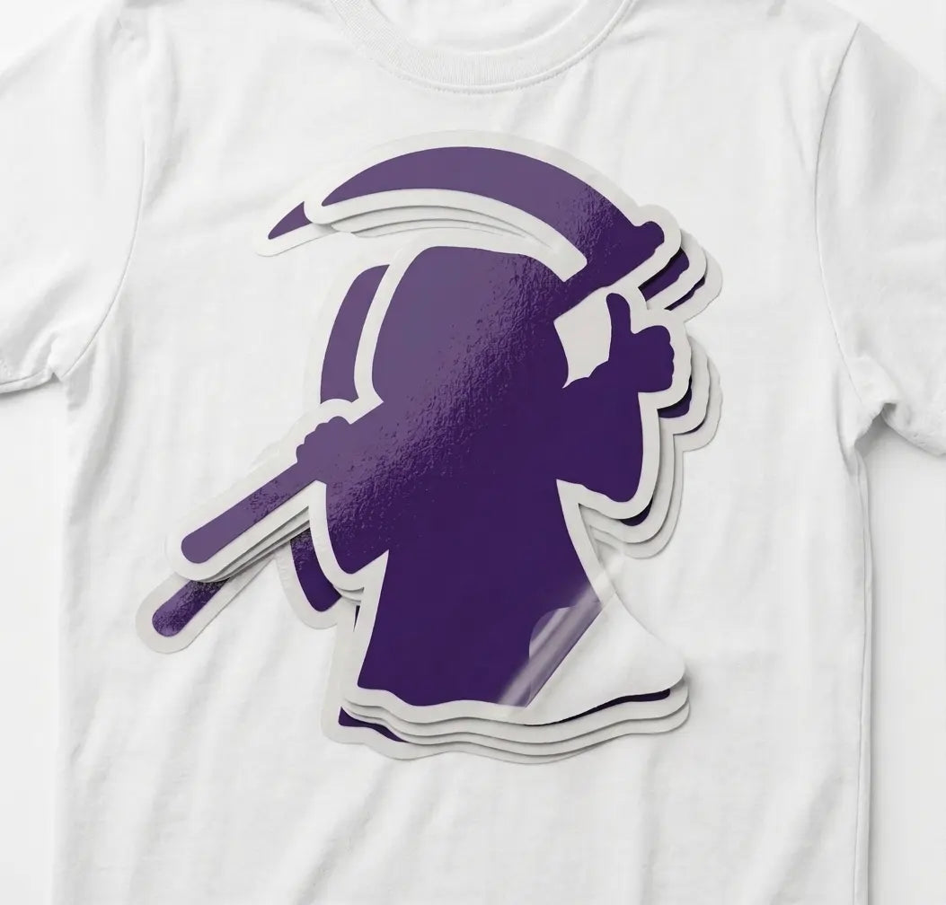 A close-up of a white T-shirt with a large die-cut heat transfer vinyl iron on sticker of a blank grim reaper silhouette outline for custom image uploads.