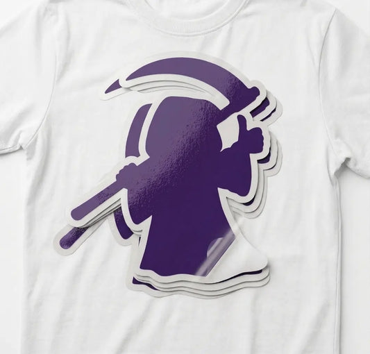 A close-up of a white T-shirt with a large die-cut heat transfer vinyl iron on sticker of a blank grim reaper silhouette outline for custom image uploads.